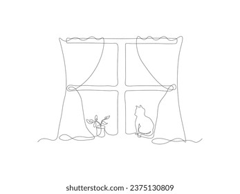 abstract cat sitting on the window continuous one line art. Cozy winter, autumn, sweet home