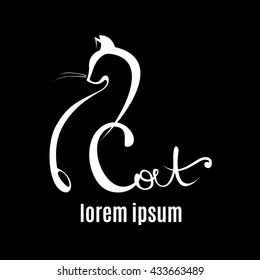 Abstract cat vector icon with lettering elements. Cat outline logo. White line pet logo isolated on black background. Abstract design element. Vector cat illustration.