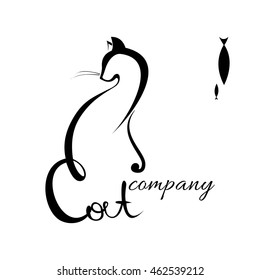 Abstract cat vector logo with lettering elements, outline icon. Black pet logo isolated on white background. Abstract design element with fish. Vector illustration