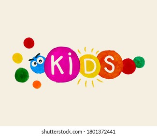 Abstract caterpillar kids logo art design template watercolor. Sign and icon Kids Land Playground And Entertainment Club Set Of Colorful Promo Signs For The Playing Space For Children. Vector.