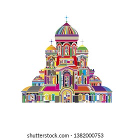 Abstract Cathedral orthodox church temple building landmark tourism world religions and famous structure traditional city. Ancient old tower vector illustration