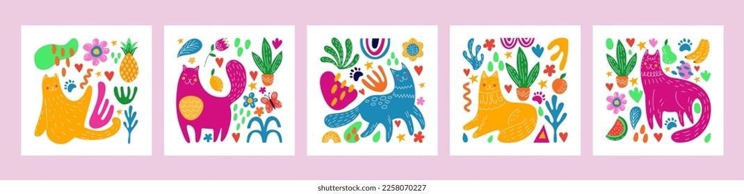 Abstract cats, flowers and leaves, nature pattern. Spring contemporary cards collection, summer fashion mosaic, floral elements with animals. Posters wall art. Vector illustration tidy design