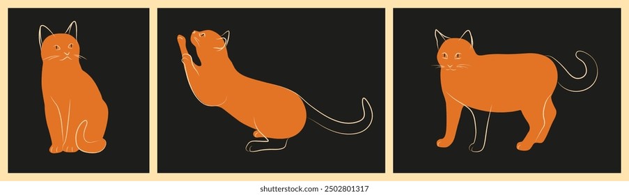 Abstract cats illustrations in different poses, black background. Sitting, stretching and standing position. Collection of silhouettes, smooth lines. Perfect for pet-related products, stylish decor.