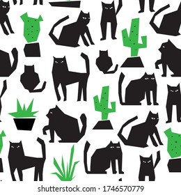 Abstract Cats and potted plants seamless pattern.  Flat style vector design elements. Wall paper, textile, wrapping paper.
