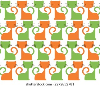 Abstract Cats Silhouettes Trendy Fashion Colors Minimalist Punch Vector Design Doodle Style Kid Sweet Seamless Pattern Bright Green Orange Tones