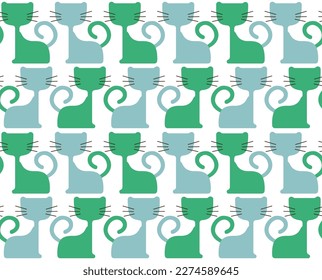 Abstract Cats Silhouettes Trendy Fashion Colors Minimalist Punch Vector Design Doodle Style Kid Sweet Seamless Pattern Pastel Blue Green Tones