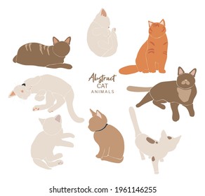 Abstract cats vector set, boho cute animal isolated, adorable cat for print, minimalist graphic elements, vector illustration