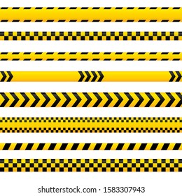 Abstract caution tape, yellow danger lines empty in different styles. Could be used for police, accident case, as barrier sign. Vector tapes collection.