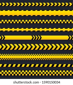 Abstract caution tape, yellow danger lines empty in different styles. Could be used for police, accident, as barrier sign. Vector tapes collection.