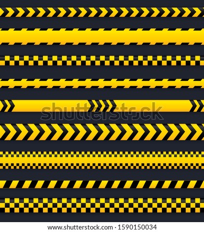 Abstract caution tape, yellow danger lines empty in different styles. Could be used for police, accident, as barrier sign. Vector tapes collection.
