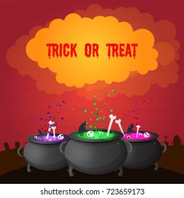 Abstract celebrating Halloween poster with inscription on cloud and magic potion boiling in witch pots vector illustration