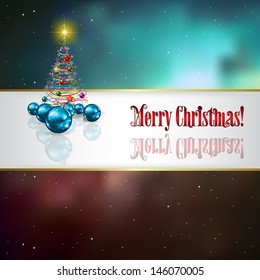 Abstract celebration background with blue decorations and Christmas tree