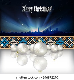 Abstract celebration background with Christmas decorations and silhouette of Tallinn