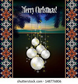Abstract celebration background with Christmas decorations and pine branch