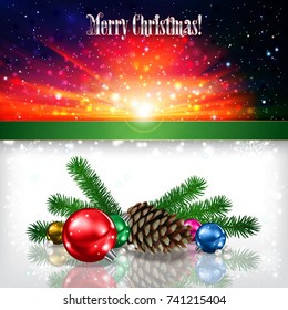 Abstract celebration background with Christmas decorations pine cone and sunrise