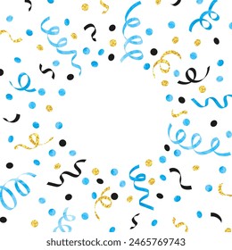 Abstract celebration background with confetti and serpentine ribbons. Vector party illustration