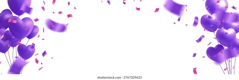 Abstract celebration background with groups of glossy purple 3D hearts balloons and vibrant purple ribbons flying and scattering