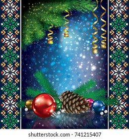 Abstract celebration background with pine cone and Christmas decorations