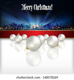 Abstract celebration background with silhouette of city and Christmas decorations