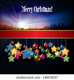 Abstract celebration background with silhouette of London and Christmas decorations