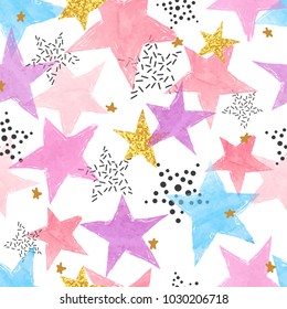 Abstract Celebration Background With Watercolor Stars. Colorful Vector Seamless Pattern.