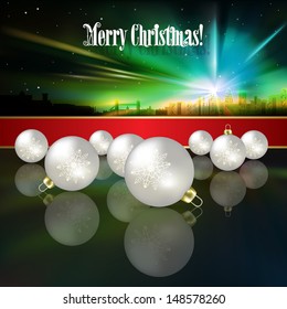 Abstract celebration background with white Christmas decorations and silhouette of London