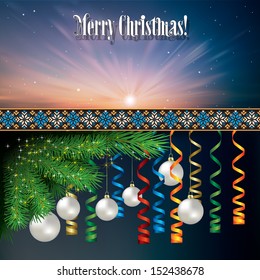 Abstract celebration background with white Christmas decorations and pine branch