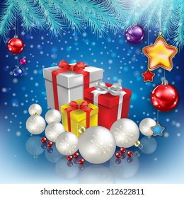 abstract celebration blue greeting with Christmas gifts and decorations