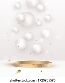 Abstract celebration design with white spheres, gold podium.Scene mockup. Anniversary. Happy birthday greeting card, template for sales, promotion, invitation.Vector.