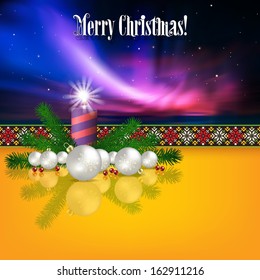 Abstract celebration greeting with candle and Christmas decorations