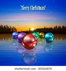 abstract celebration greeting with Christmas decorations and forest lake