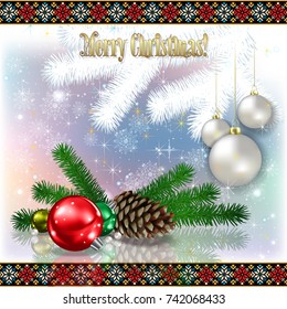 abstract celebration greeting with pine branch cone and Christmas decorations