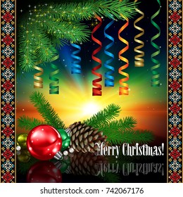 abstract celebration greeting with pine cone and Christmas decorations