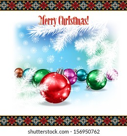 abstract celebration greeting with white pine branch and Christmas decorations