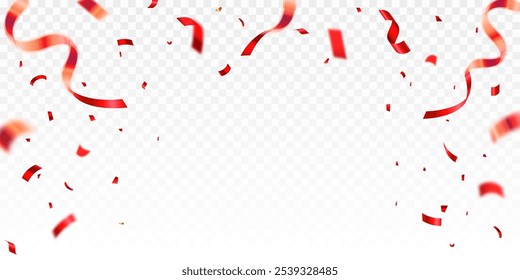 Abstract celebration party background design with confetti and red ribbons, red confetti isolated for Anniversary, Birthday party, Christmas, Carnival festivity, Holiday party banner, confetti