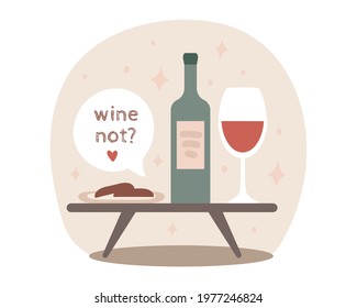 Abstract celebration and red wine drinking concept with glass and bottle on the table. Isolated vector illustration in modern art flat style and beige colors.