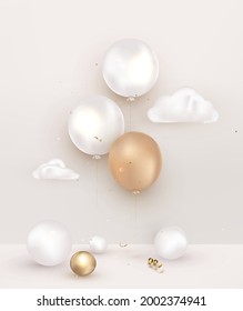 Escena de la celebración abstracta. escaparate. Plantilla beige con globos, nubes decorativas, esfera. Aniversario. Feliz cumpleaños tarjeta de saludo, plantilla para ventas, promoción, invitación.Vector.