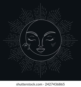 Abstract celestial background with a crescent and moon. Monochrome magical vector illustration