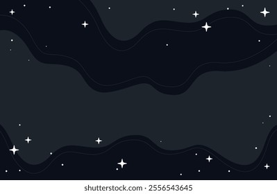 Abstract Celestial Black Night Sky Vector Illustration with flowing Waves and Sparkling Stars, Dreamy Background