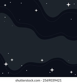 Abstract Celestial Black Night Sky Square Vector Illustration with flowing Waves and Sparkling Stars, Dreamy Background