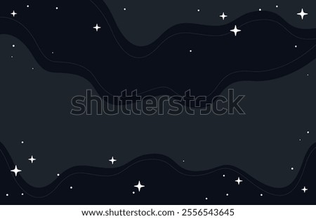 Abstract Celestial Black Night Sky Vector Illustration with flowing Waves and Sparkling Stars, Dreamy Background