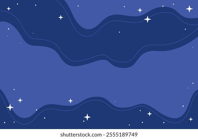 Abstract Celestial Blue Night Sky Vector Illustration with flowing Waves and Sparkling Stars, Dreamy Background