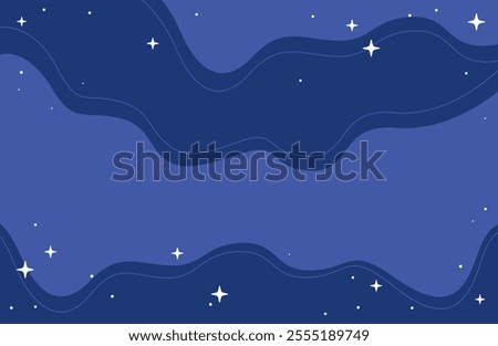 Abstract Celestial Blue Night Sky Vector Illustration with flowing Waves and Sparkling Stars, Dreamy Background