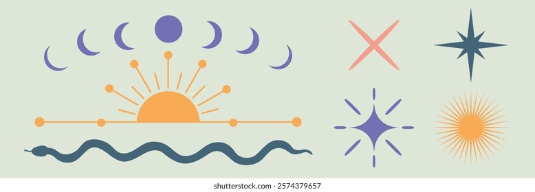 Abstract celestial design with sun, moon phases, and stars. Sun and moon in abstract form. Celestial symbols include stars and sun. Moon phases depicted abstractly. Spirituality vector set.