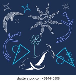 abstract, celestial, drawing, stars, moon, sun, whale, flower, vector