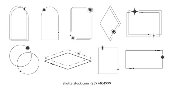 Abstract celestial geometric frames decorated with space sparkles and glints. Vector illustration  