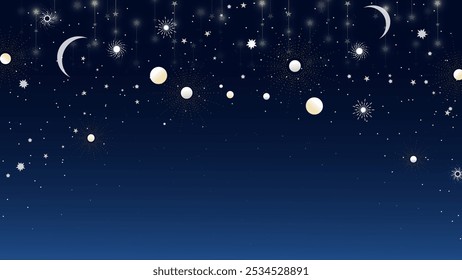 Abstract celestial night sky with stars, moons, and glowing orbs on a gradient blue background. Ideal for holiday designs, cosmic themes, and dreamy illustrations.