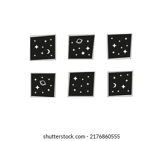 Abstract celestial poster with square shapes and stars, planets, moon isolated on white background.