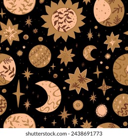 Abstract celestial seamless pattern. Vector ornament of space and botany. Design of astrology, esoteric, tarot, mystic and magic.