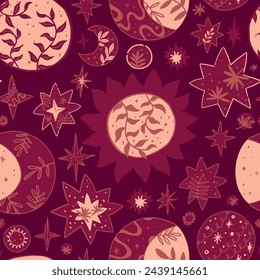 Abstract celestial seamless pattern. Vector ornament of space and botany. Design of astrology, esoteric, tarot, mystic and magic.